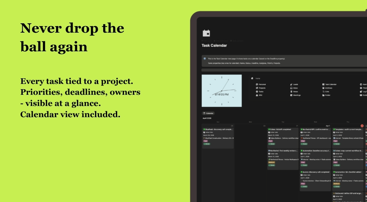 Task calendar with every task tied to a project, priorities, deadlines and owners