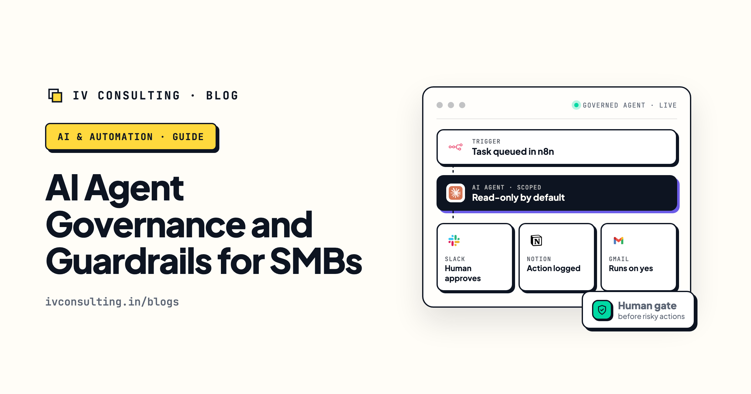 AI agent governance and guardrails for SMBs: a governed agent flow with a scoped AI agent, a human approval gate, and an audit log