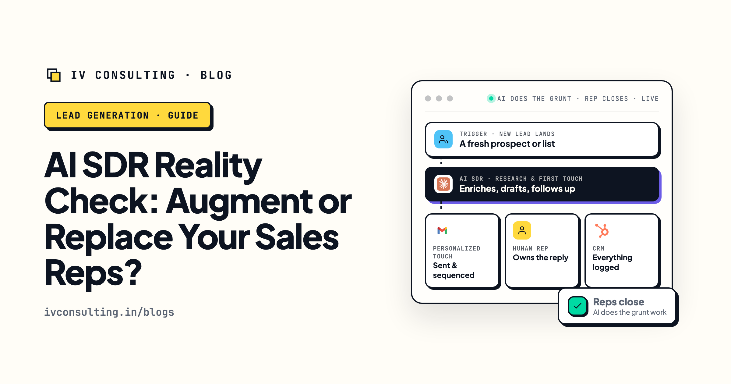 An augment-first AI SDR workflow: a new lead runs through an AI SDR that researches and drafts the first touch, then a human rep owns the conversation and the CRM logs it