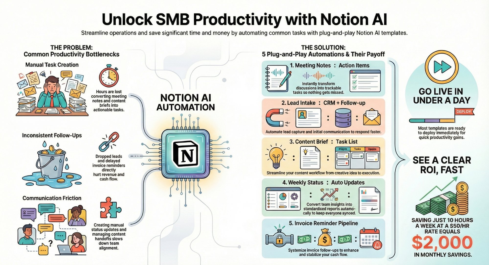 5 Notion AI automation templates saving SMB 10 hours a week - workflow diagram