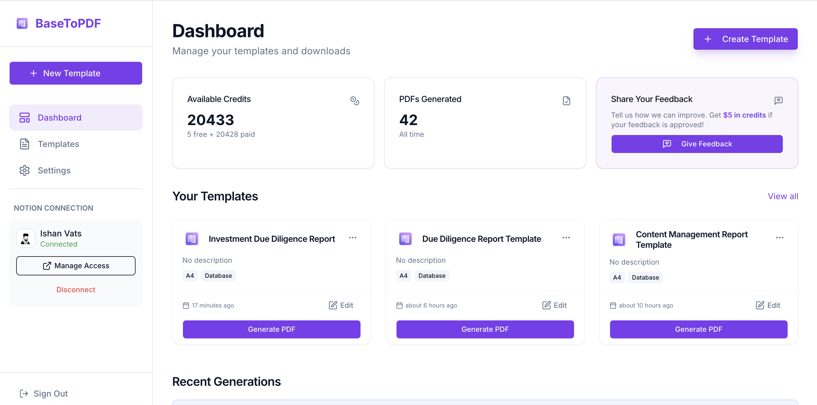 The BaseToPDF dashboard