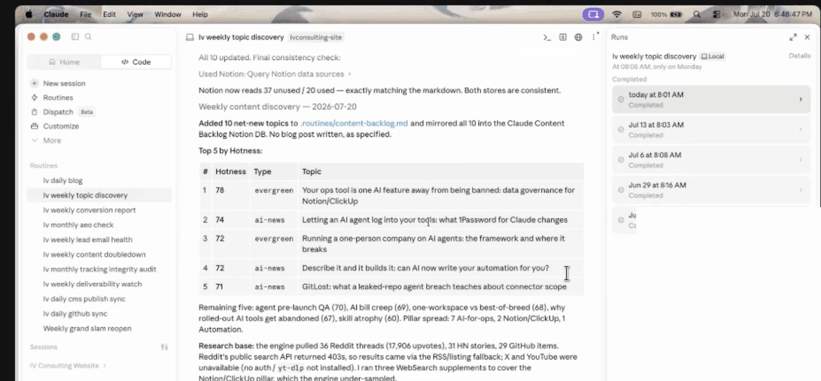 Claude Cowork routines running on a daily schedule, with a completed run history and an agent editing files