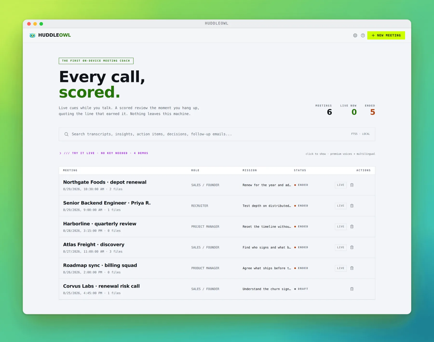The meeting record: every call run, with full-text search across transcripts, cues and follow-up emails