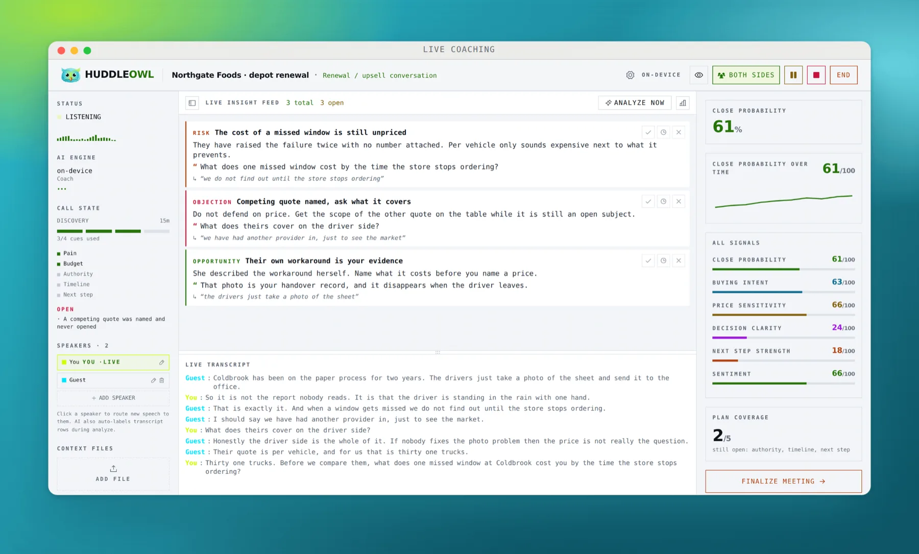 Live coaching: cues quoting the transcript, live signal scores and close probability