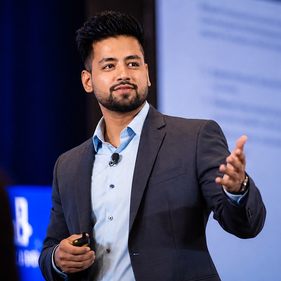 Ishan Vats, founder of IV Consulting, speaking on stage