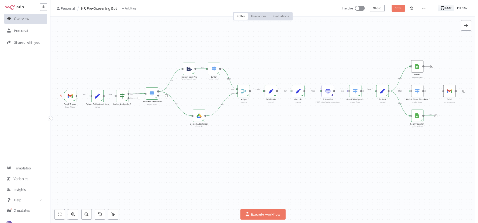 HR resume pre-screening bot n8n workflow
