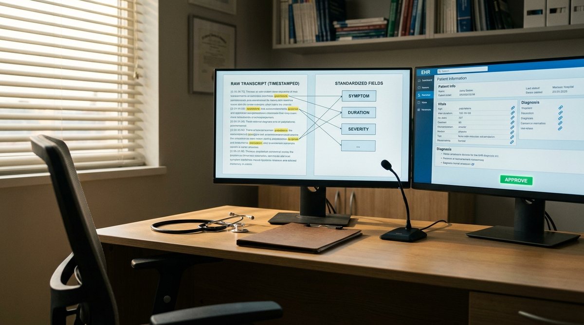 Clinical consulting room with transcription and structured record on screen
