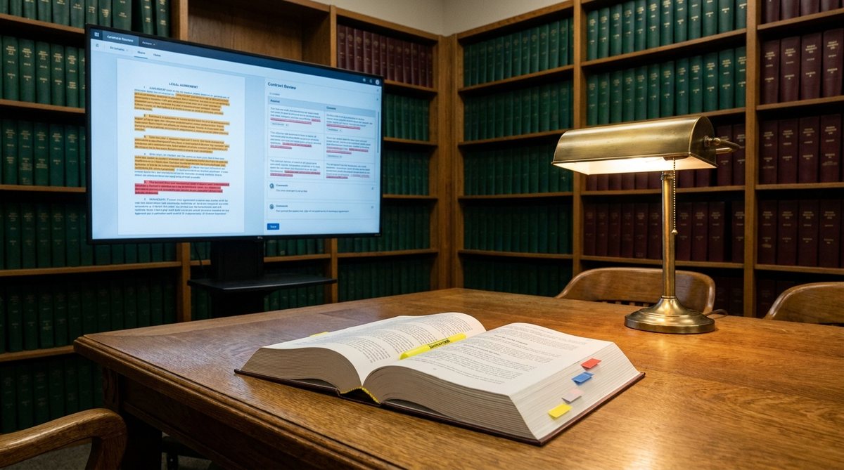 Law library desk with contract review software on screen