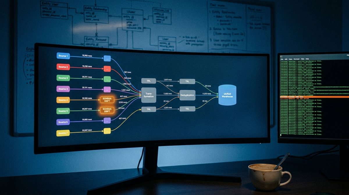 Data engineering room with a pipeline graph on an ultrawide monitor