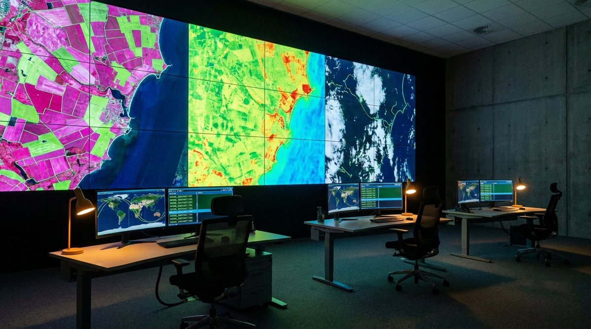 Satellite ground segment control room with multi-spectral imagery