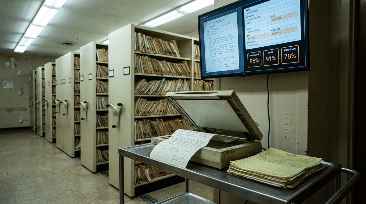 Records archive with a scanner and structured extraction on screen