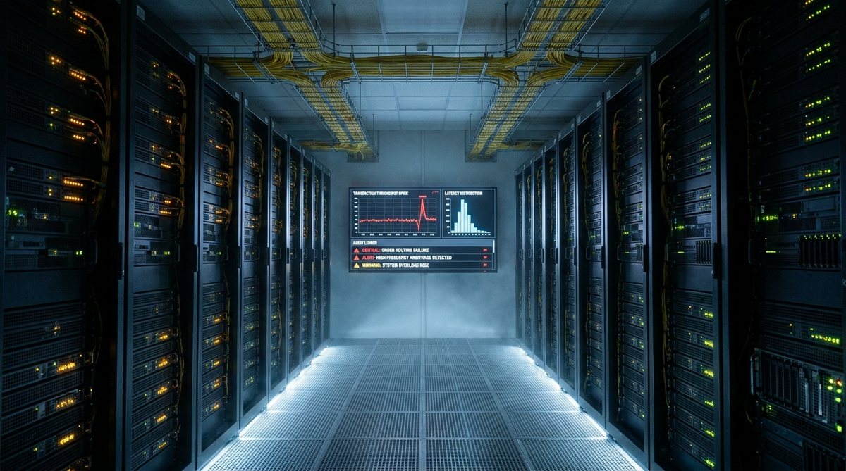 Data centre aisle with transaction monitoring display