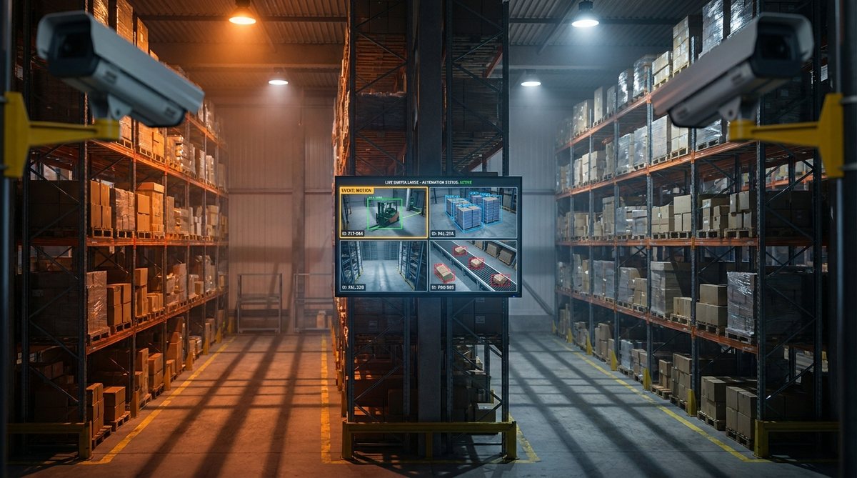 Warehouse aisle with live camera analytics on a wall display