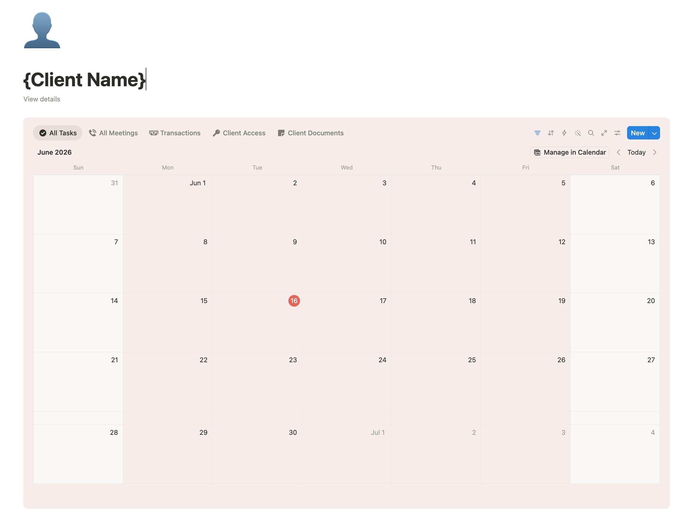 A Client Page template rolling up one client's tasks, meetings, transactions, access, and documents with a calendar view