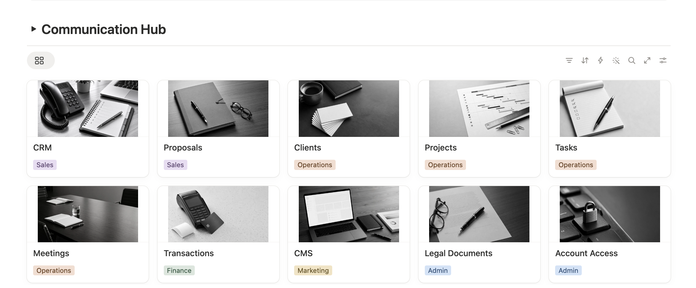 Databases gallery showing CRM, Proposals, Clients, Projects, Tasks, Meetings, Transactions, CMS, Legal Documents, and Account Access