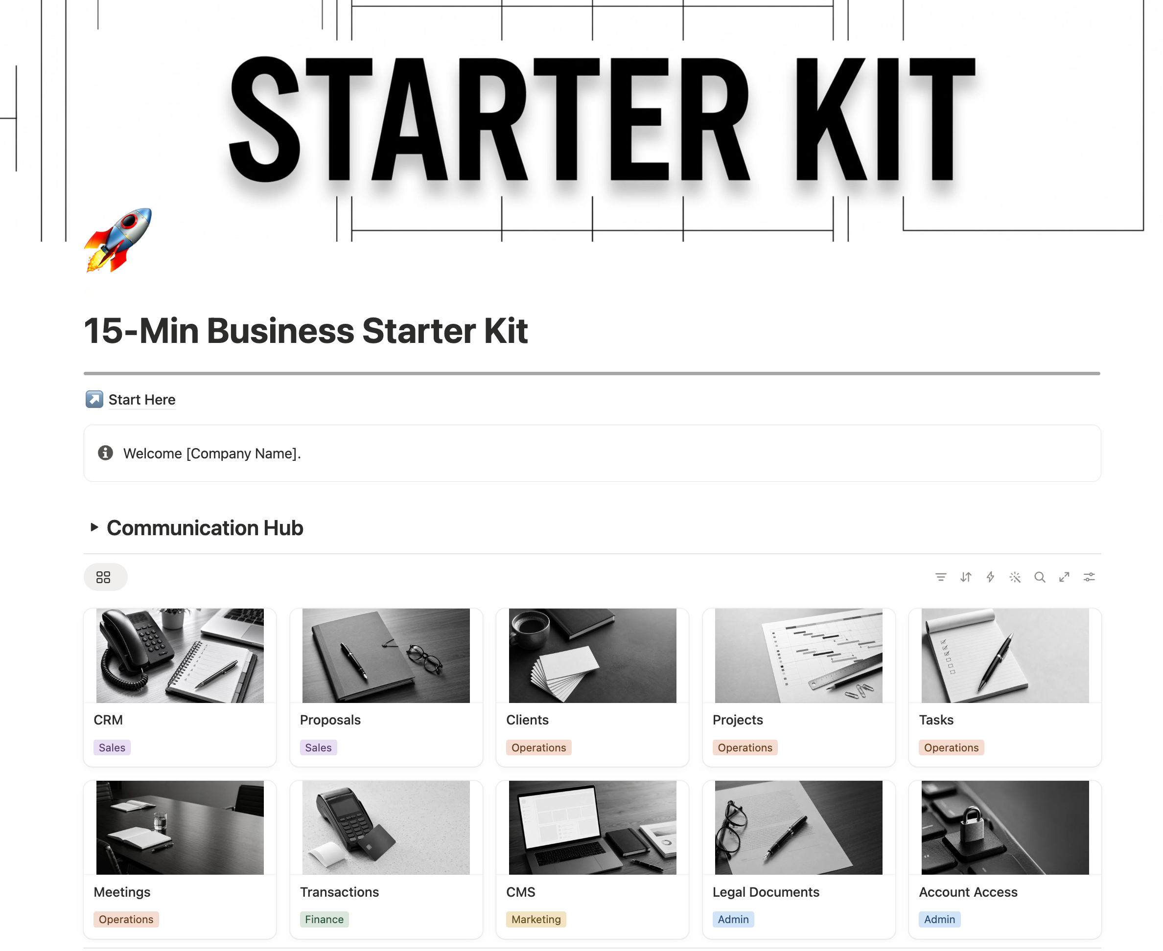 The 15-Minute Business Starter Kit home page in Notion, with a gallery of CRM, Proposals, Clients, Projects, Tasks, Meetings, Transactions, CMS, Legal Documents, and Account Access