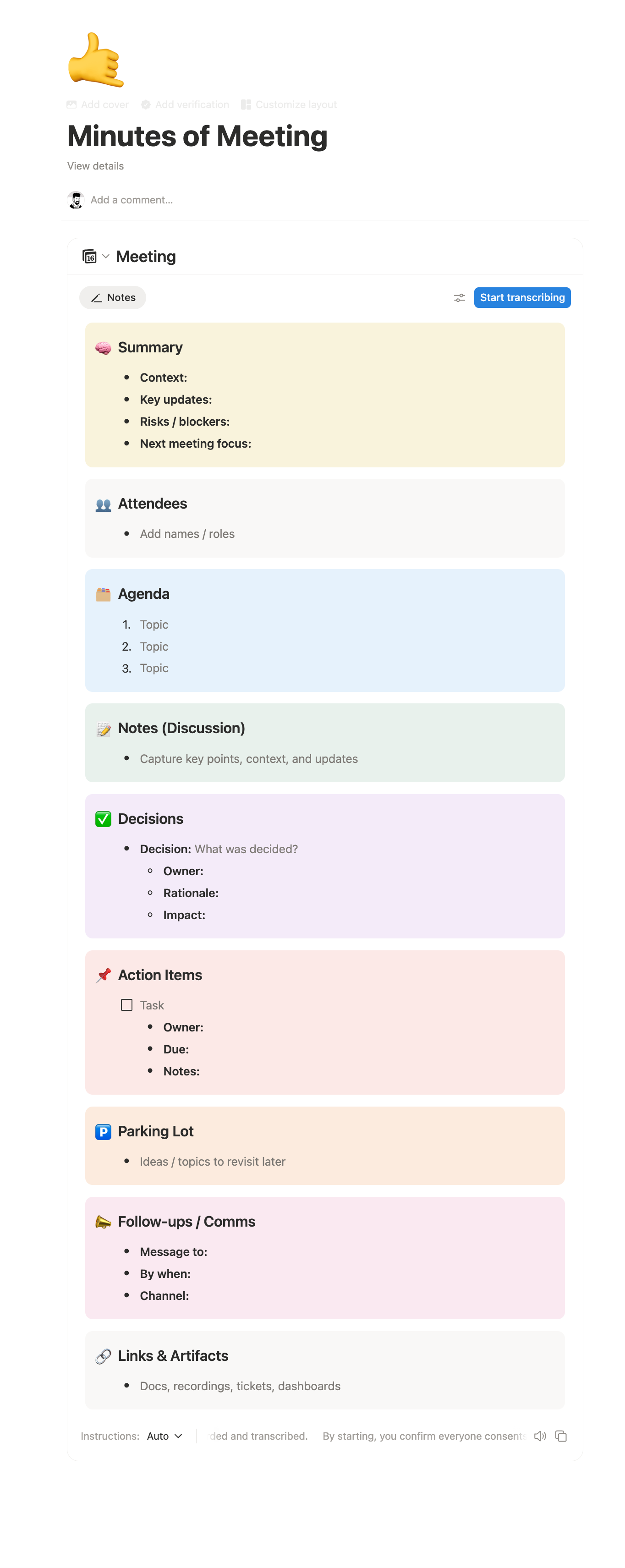Minutes of Meeting template with Summary, Attendees, Agenda, Decisions, Action Items, and a Start transcribing button