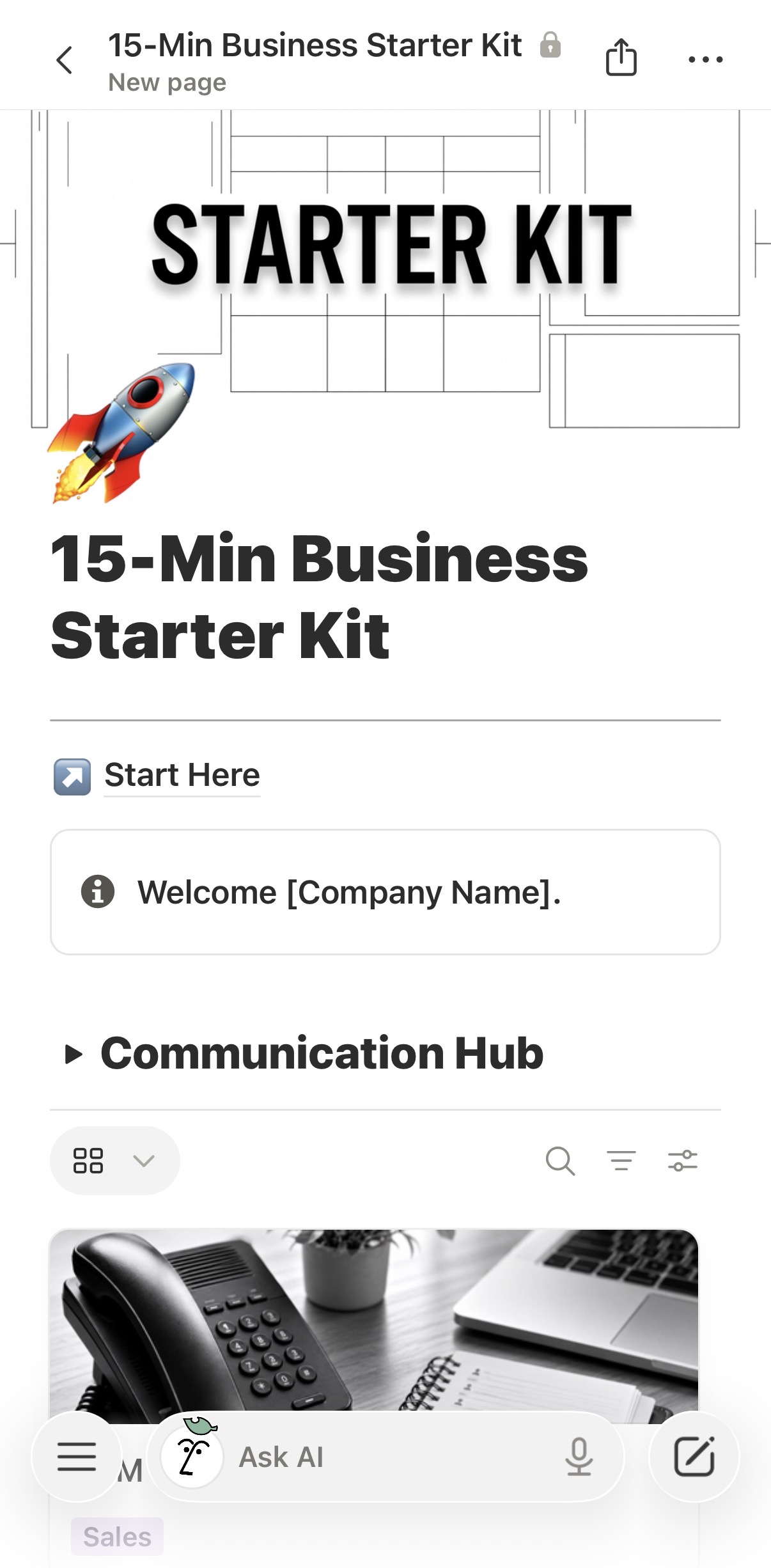 The 15-Minute Business Starter Kit home page on a phone